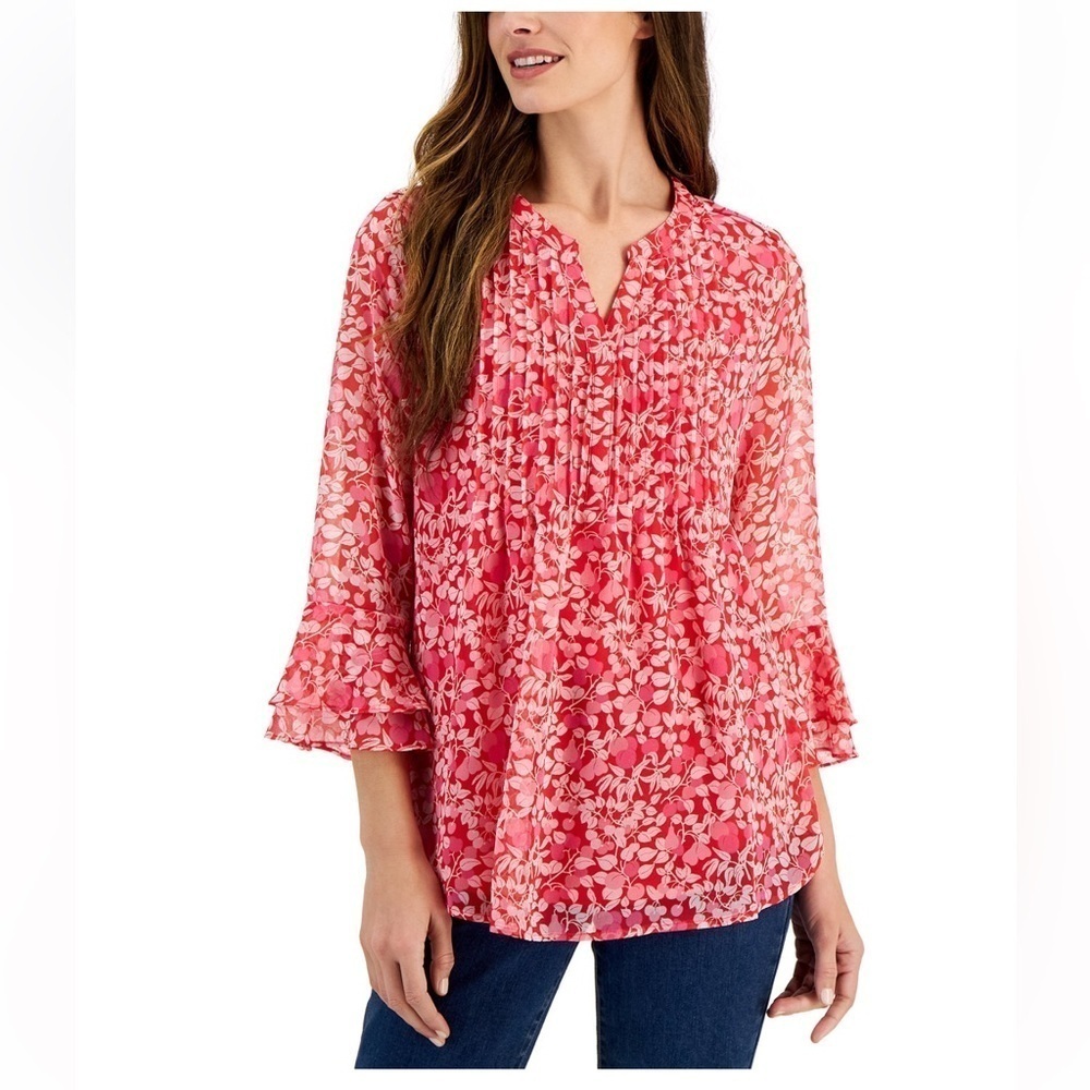 Charter Club XL Women's 3/4-Sleeve Summer Sweets Pin-Tuck Top floral red white